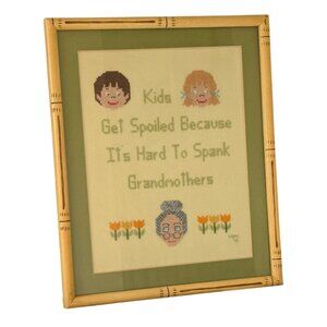 Vintage Framed Cross Stitch "Kids Get Spoiled" Needlepoint